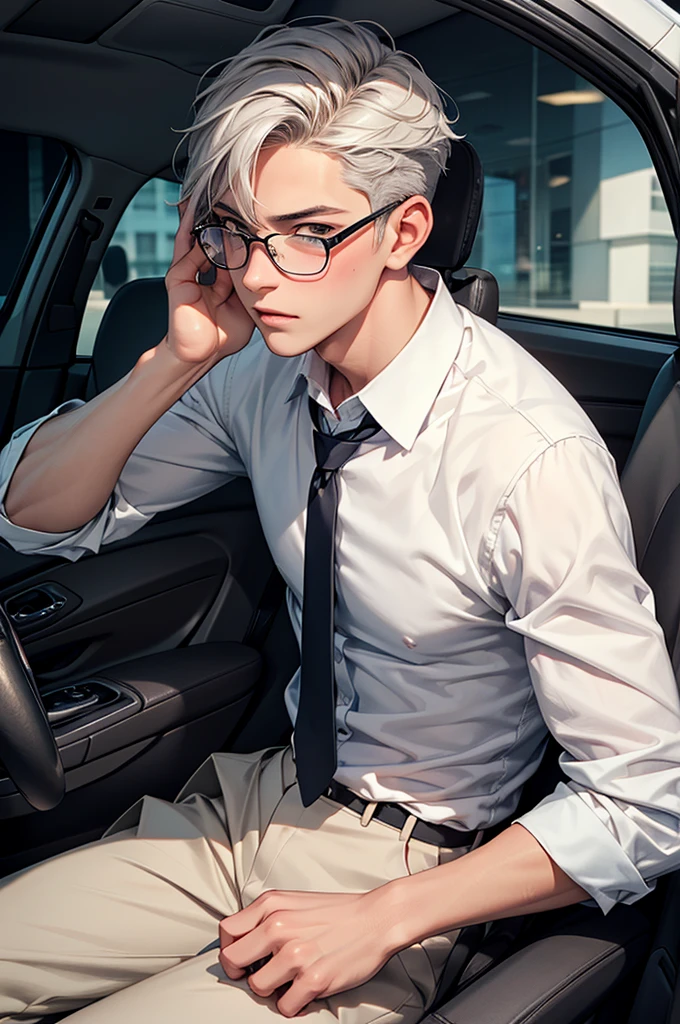 A young office worker with an androgynous face, featuring delicate and soft yet defined facial features. He has a small and slim build, with a lean but not overly muscular frame. His skin is fair, and his gray hair is neatly styled in a short, modern cut, slightly wavy. He wears rectangular glasses with thin frames, adding a scholarly touch. His attire consists of a well-fitted business suit, in a neutral tone like navy blue or gray, paired with a crisp white shirt and a subtly patterned tie. The overall appearance is professional but understated, with a hint of elegance.  with a Western look, visibly drunk, blushing, insinuating, sexual, sensual, showing a little skin, sitting in the passenger seat of a car flirting with the driver, the image as if it were the driver's view, excited, erect penis, touching, blushing, groin, blushing, insinuating, sexual, sensual,  blushing, insinuating, sexual, sensual,