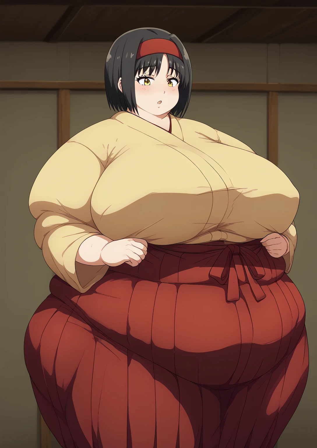 Erika, Erica,    yellow eyes  ,  Black Hair,  red headband,   Shorthair,  yellow kimono, Boobs are not exposed,   Long Sleeve  ,  red hakama, score_9,   score_8_ up,   score_7_ up,   score_6_ up,   score_5_ up,   score_4_ up,     masterpiece   ,   top quality,     very aesthetic  ,    absurd,    Source_Anime, Anime screencap,    one woman , Alone,   personal   ,  Super huge breasts, (((S uper huge クレビス, Super huge , Super huge boob))), Curvy,   in her 20s,  Mature Woman,   obese , ,  troubled expression, ssbbw,  embarrassing expression , Japanese-style room, Hunger, sighing 