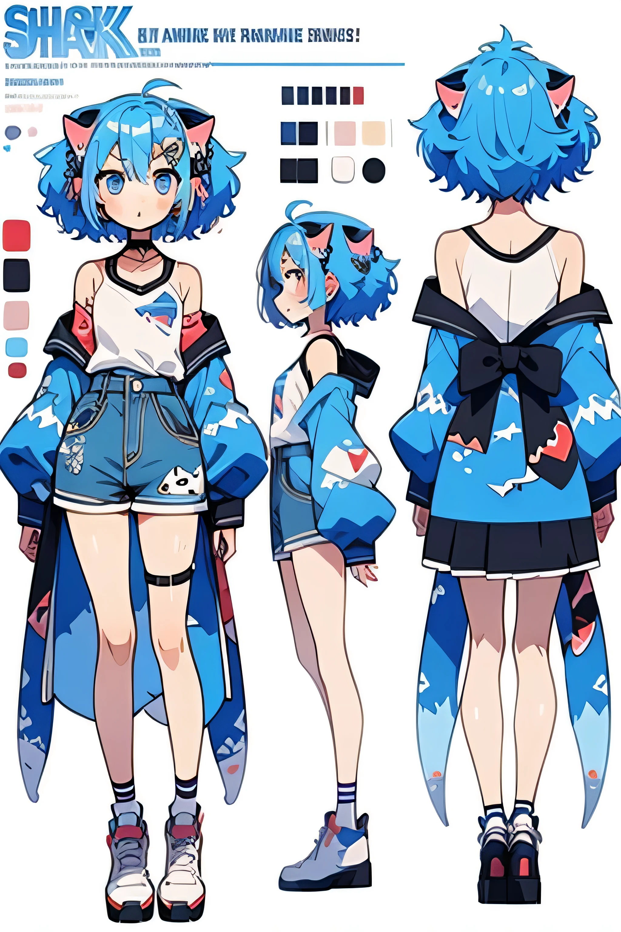 Japanese Cartoon Movie , reference sheet , girl, Japanese Cartoon Movie styled, character design, 2D, shark, girl, bright skin , blue hair looking from the side, cute , Japanese Cartoon Movie 2007, Hi-tech outfit , shark지느러미 모양 머리카락, shark 꼬리 머리카락, shark 꼬리, short shorts , sad expression, Happy expression, angry expression during attack, puzzled expression in front of the bathroom door