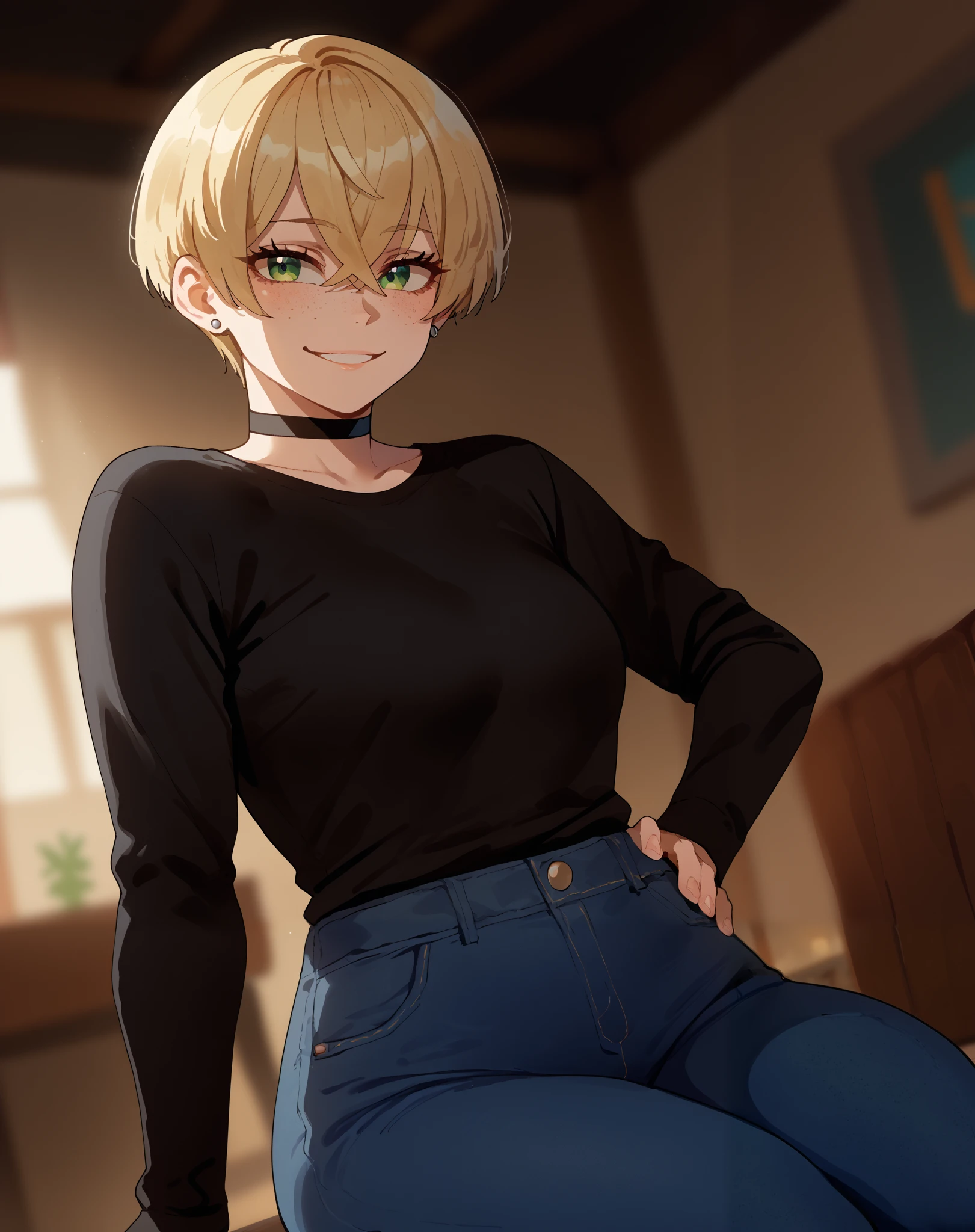 score_9, score_8_up, score_7_up, score_6_up, score_5_up, score_4_up, source_anime, rating_safe, nyantcha style, three quarter view, 1girl, ager, green eyes, blonde hair, crossed bangs, short hair, pixie cut, freckles, big breasts, thick thighs, eyelashes, aegyo sal, hand on hip, stud earrings, black shirt, long sleeves, choker, denim pants, looking at viewer, light smile, indoors, blurry background, warm lighting, sitting, upper body, dutch angle
