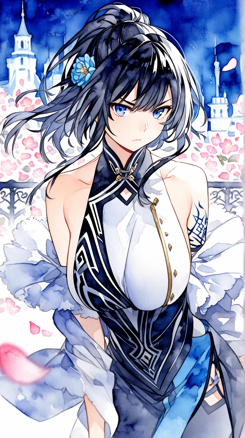 (extremely detailed CG, ultra-detailed, best shadow:1.1), ((depth of field)), ((watercolor)), large breasts, bare shoulders, flowers and petals, beautiful concept illustration , (white background:0.5), (illustration :1.1), (extremely fine and beautiful:1.1), (perfect details:1.1),DIGITAL ILLUSTRATION OF BEAUTIFUL FEMALE CHARACTER IN DRAWING STYLE BY ILLUSTRATOR Toh-Yasu, ANIME STYLE WITH SKINNY CLOTHING INSPIRED BY FUTURISTIC TATTOO DRAGON AND VIBRANT CLOTHING COLORS, SERIOUS LOOK AND ULTRA DETAILED ARTWORK, FOCUS GRAFFITI STYLE CITY SCENERY FROM CAMERA
