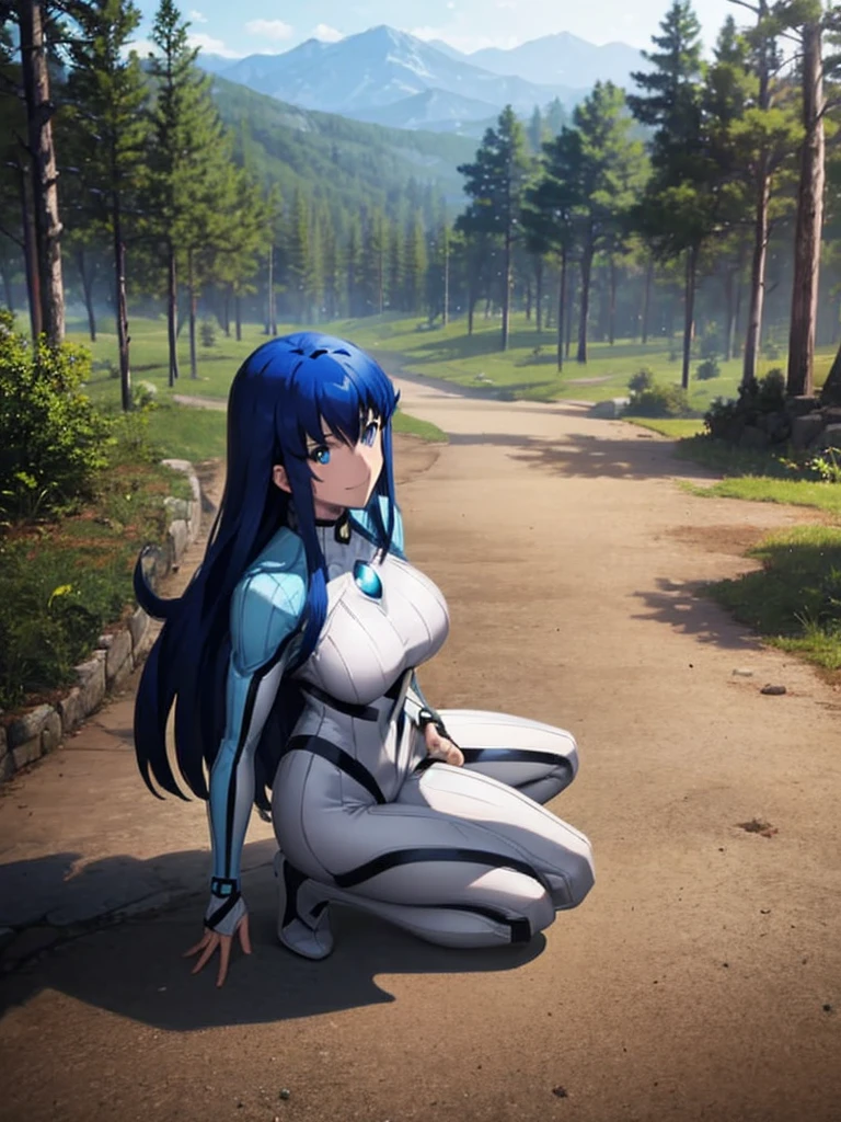 Aero（Marvel）, One Girl ,anime,Ufotable style ,solo, long hair, blue eyes, Big Breasts , black hair, blue hair, white bodysuit,On top of a building,one knee raise ,Showing off legs,smile, stares at viewers in the falling forest, from the side, look down,