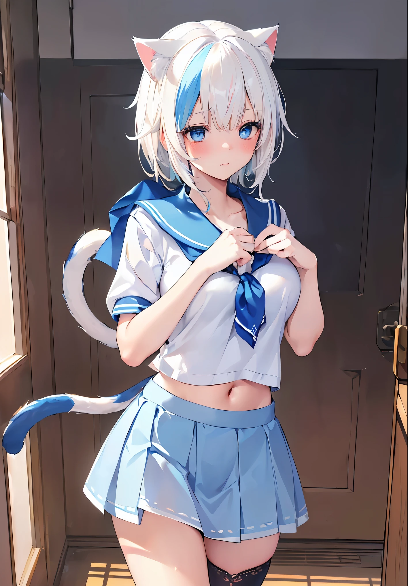 (Masterpiece, Slim Body, Delicate Fingers: 1.2), Best Quality, (Illustration: 1.2), (Hyper Detail), Eye Focus, Ultra Detail, (Fine Detail), (Intricate Detail), HDR, (Ultra Detail: 1.15), (Soft Light: 1.2), 1girl, (white serafuku:1.2), (blue short skirt:1.5), (White hair and blue highlights:1.5), (blue sailor collared:1.2), (blue ribbon tie :1.2), (light blue eyes:1.3), medium, short hair, solo, (medium breasts:1.2), masterpiece, (blushing:1.1), best quality, highly detailed, (fullbody image:1.5), kwaii, (blue inner hair:1.2), (two-tone hair:1.5), (blushing face:1.4), , (cat ears:1.4), cat tail, (perfect hands, perfect anatomy), (cat ears:1.4), standing, (tights:1.2), (class room:1.5), (Navel Ejection:0.8), pussy, (cumming:1.5), I feel a sense of pleasure