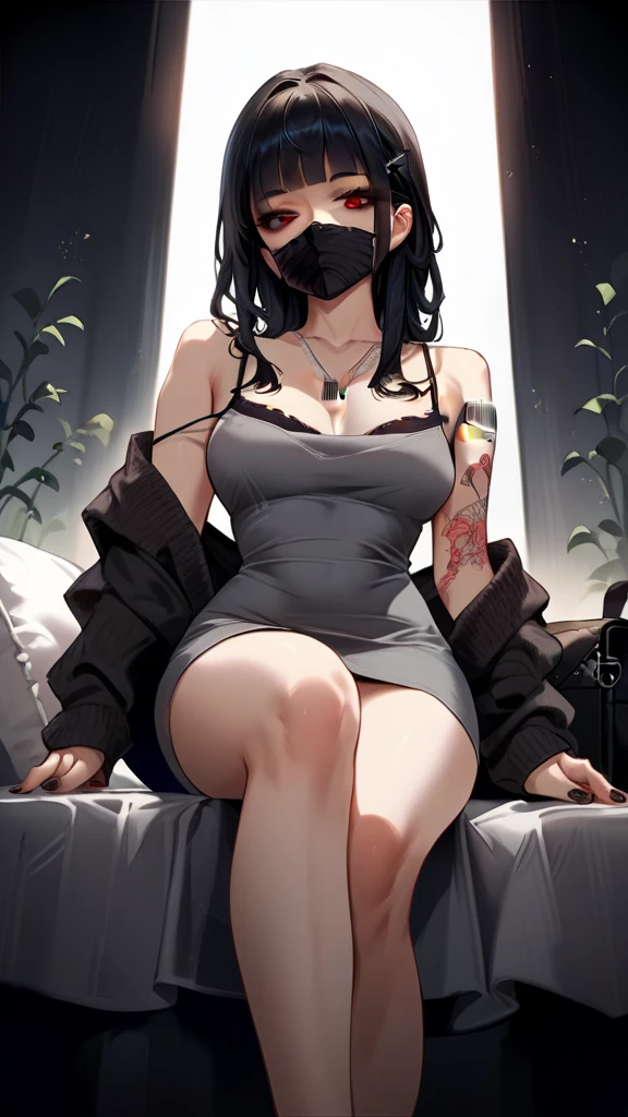 score_9, score_8_ up, score_7_ up,  Source_Anime,  One girl , Alone, indoor,  bed,  sitting,  cowboy shot,   viewers,  pubic skin, d_Kwe ,  red eyes,  black hair,  long hair, side lock, blunt bangs,  hair clip,  hair accessories, breast tattoo,  barcode tattoo  ,   Arm Tattoo  , Butterfly Tattoo,  gray dress ,  dongtan dress , pencil dress, spaghetti strap,  clevis on a stone,  black bra,  a sneak peek at a bra ,  cardigan , Bare shoulders,  off-shoulder,  Long Sleeve , Black nails,  nail polish, slippers,  toeless footwear ,  necklace,  black mask ,  neck mask , Black Bag, from below, arm s upport, close- up