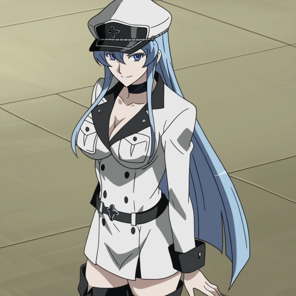 score_9, score_8_up, score_7_up, source_anime, anime screencap,
esdeath,
esdeath, blue eyes, blue hair, long hair, smile, eyelashes,
boots, choker, cleavage, collarbone, hat, military, military uniform, peaked cap, thigh boots, thighhighs, uniform,
looking at viewer, dutch angle, cowboy shot,