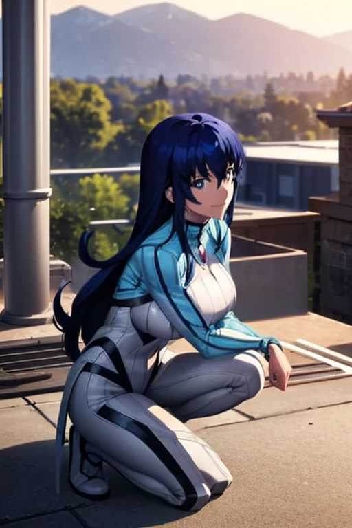 Aero（Marvel）, One Girl ,anime,Ufotable style ,solo, long hair, blue eyes, Big Breasts , black hair, blue hair, white bodysuit,Modern city,building,rooftop,one knee raise ,Showing off legs,smile, stares at viewers in the falling forest, from the side, look down,