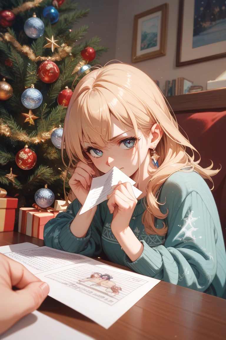  sitting under a Christmas tree 、 a girl holding memo paper in her small hand 、 writing wishes with a serious expression 。 A sparkling tree shines in the background、Drawing a heartwarming scene 