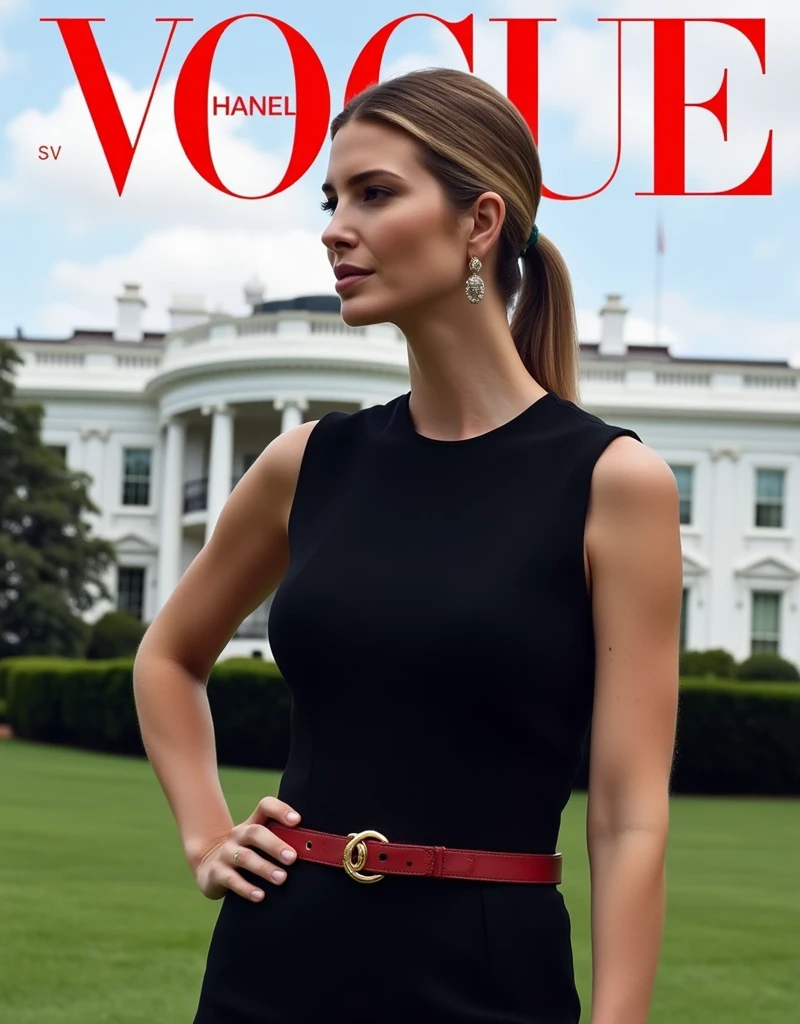 Magazine front cover " Vogue " written in middle Red decoration letters at the upon the screen   Front pose, standing pose,  right hand on hip, Side view, cowboy shot, Ivanka Trump,  pony tail, brown hair, smile,  Chanel design earing, Black 1 peace Chanel design classic dress and Chanel leather red belt with gold buckle., background the White house of America,   (super detail, high details, high quality, accurate, anatomically correct, textured skin, beautiful fingers super detail, high details, high quality, best quality)