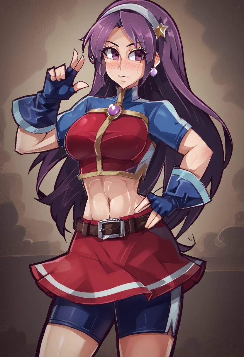 Masterpiece, best quality,ATHKOF2002, purple hair, long hair, purple eyes, white hairband, blue sleeves, pearl (gemstone), short sleeves, red top, belt, fingerless gloves, navel, red skirt, biker shorts,  blush, solo, seductive pose,cowboy shot, midriff,beautiful detailed face,one hand on hip,dbp,hentai, crotch,front view, standing, blushing,down skirt