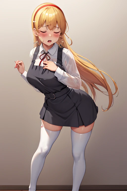 obra maestra, mejor calidad, highres, (full body shot), (front view), sumire1, (((1girl))), hairband, long hair, (((solo))), erotic, ((see through clothes)), thick tights, white thighhighs, school uniform, red ribbon, neck ribbon, grey dress, blunt fleks, pinafore dress, white shirt, collared shirt, medium breasts, (standing up), exhausted, ((bending forward)), (hands touching knees), mouth open, sweating, wet, heavy breathing, aroused, blushing, worried expression, eyes closed