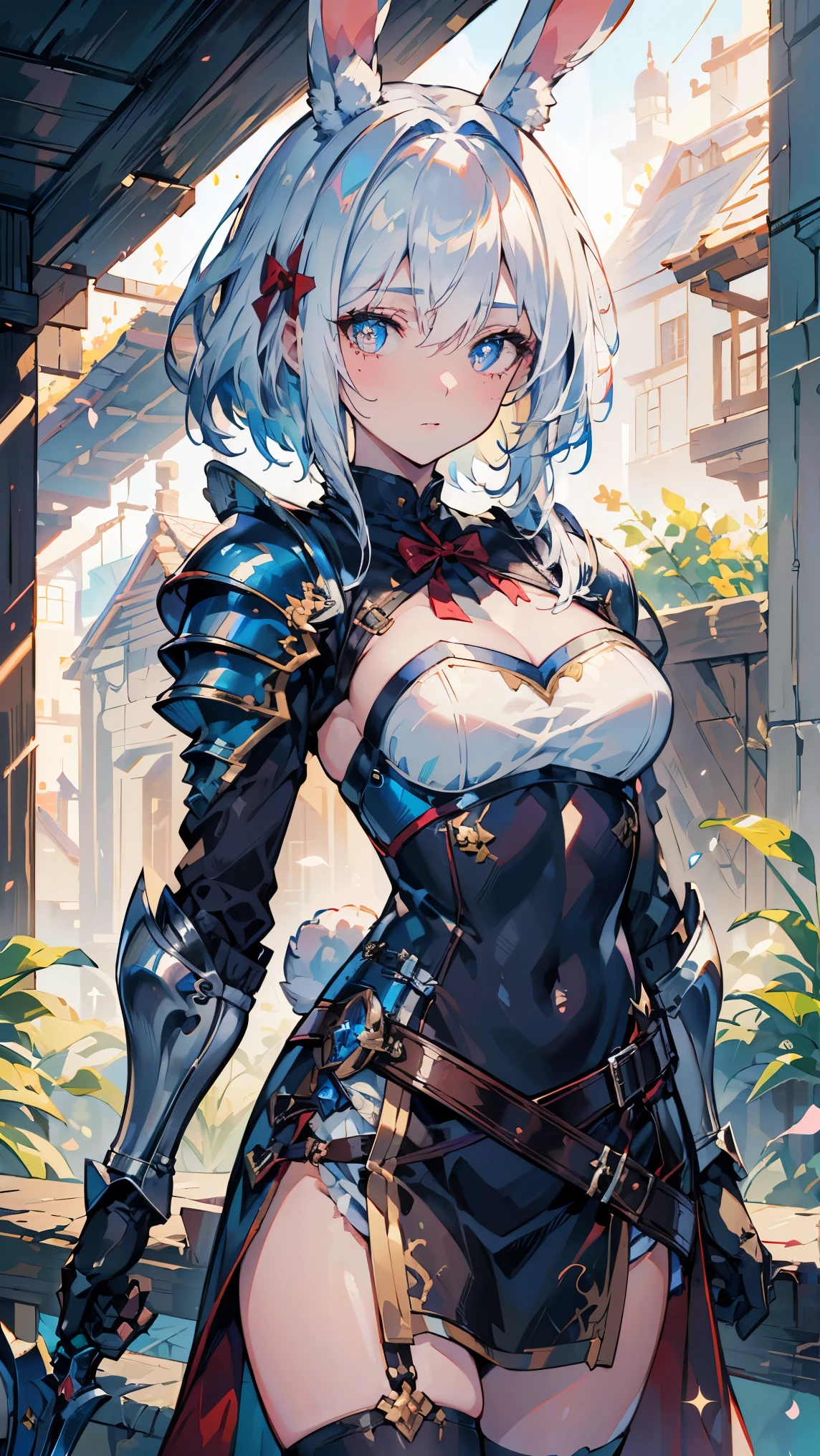 ((Best quality, 8k, Masterpiece: 1.3)), Sharp focus A beautiful woman with perfect body, Highly detailed face and skin texture, (Detailed eyes), rabbit ears, hime cut, white hair, hair bow, ribbon, pupils sparkling, tareme, (knight wearing steel armor), cowboy shot