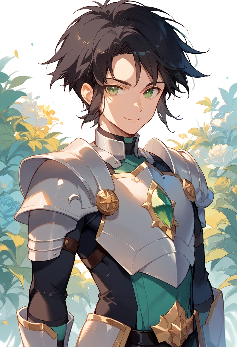 masterpiece, high definition , top quality,8k
(Nate ,male, black Hair, green Eyes, short hair)
(black tactician armor outfit)
smile