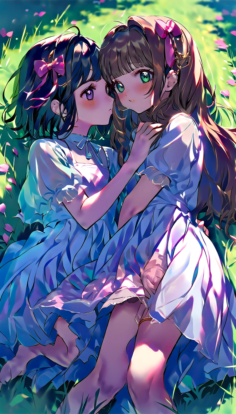 two women hug and kiss on  a green covered flooring surrounded by grass, multiple girls, kinomoto sakura, 2girls, daidouji tomoyo, yuri, petals, grass, long hair, panties around one leg, blush, on side, lying, black hair, underwear, hair ornament, green eyes, brown hair, dress, purple eyes, white dress, short hair, panties, loli, bangs, see-through, outdoors, hair bobbles