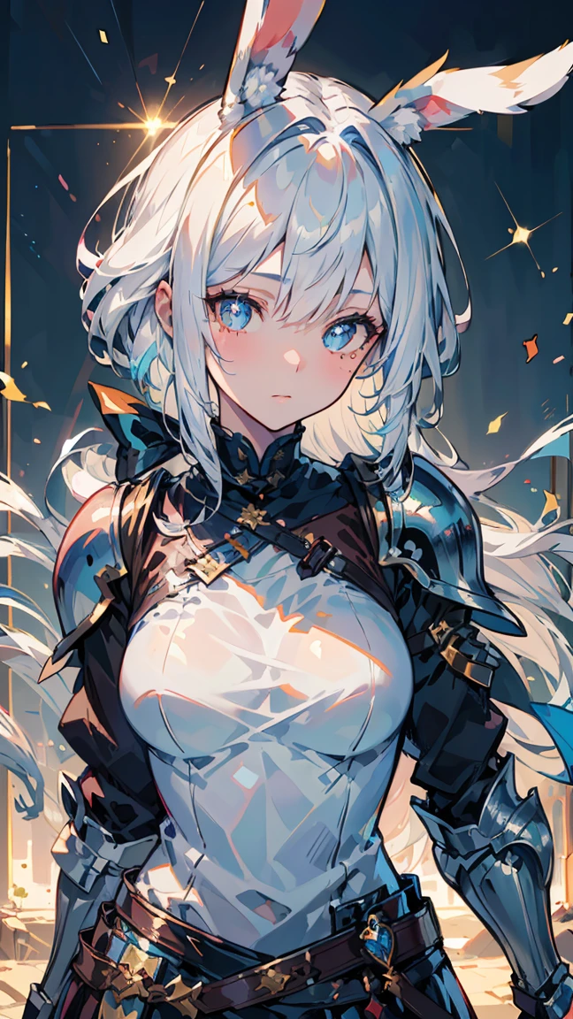 ((Best quality, 8k, Masterpiece: 1.3)), Sharp focus A beautiful woman with perfect body, Highly detailed face and skin texture, (Detailed eyes), rabbit ears, hime cut, white hair, hair bow, ribbon, pupils sparkling, tareme, (knight wearing steel armor), cowboy shot