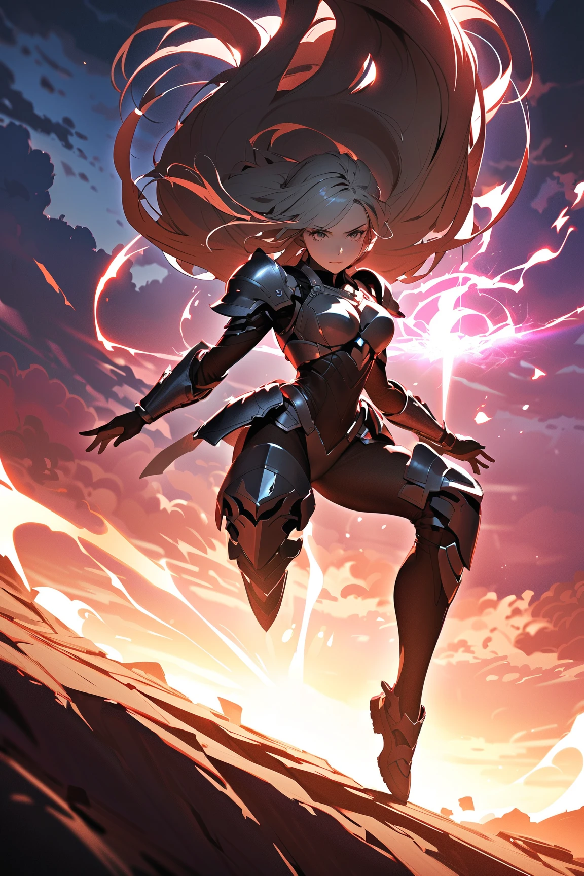 4K anime style quality, digital drawing mode, lightning-themed anime female character, long silver hair with electric blue streaks, glowing yellow eyes, wearing an outfit adorned with thunderbolts and metallic armor, wielding a lightning spear, Blur the background to create a three-dimensional effect, atmosphere, standing atop a stormy mountain peak, radiant skin, flowing hair, glossy lips, fierce eyes, full body, dynamic pose, life size, perfect anatomy, detailed skin texture, full HD, 4K, HDR, perfect anatomy, depth of field