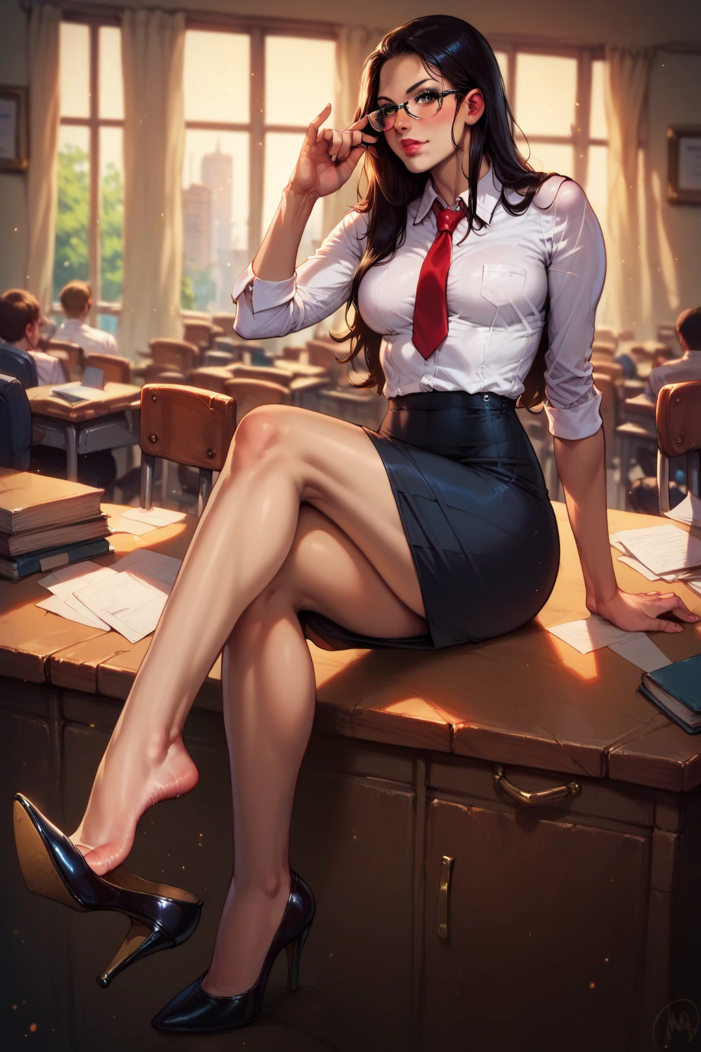 score_9, score_8_up, score_8_up, detailed illustration, realistic, 1girl, LraKinyX, long hair, Athletic body, fit body, toned legs, black pencil skirt, rectangular glasses, squared eyewear, white shirt, red short tie, high heels, stilletos, no underwear, detailed feet,sitting on desk, on a crowded office, looking at viewer, adjusting eyewear, shoe dangling