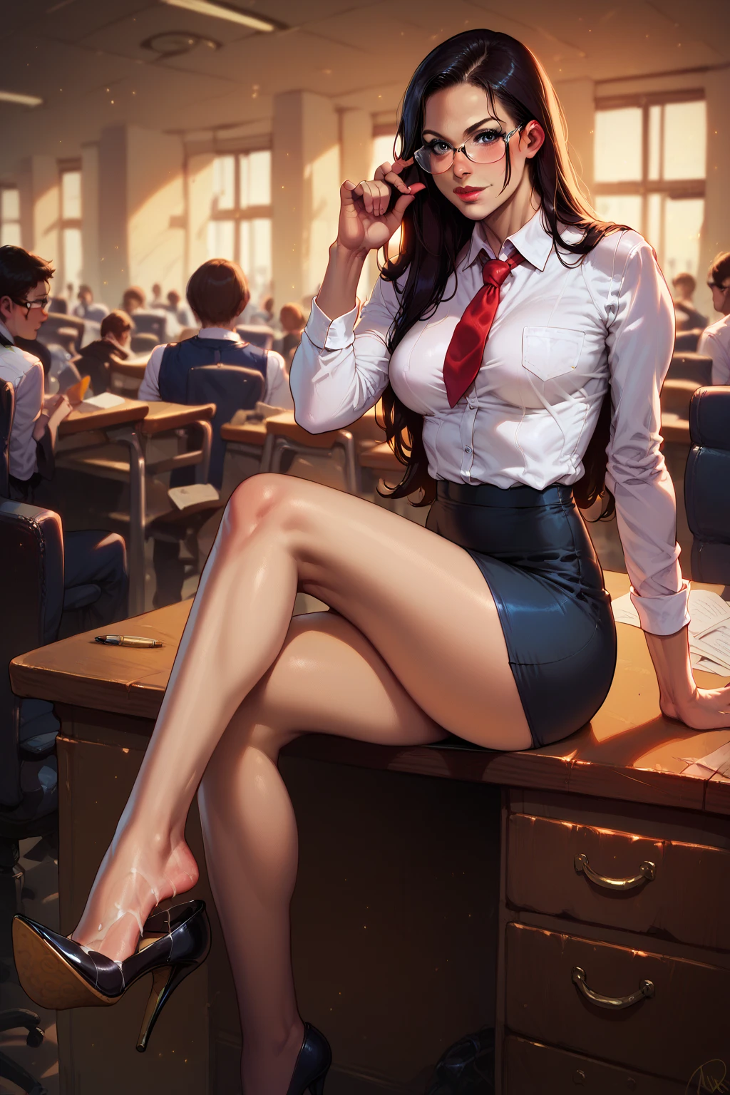 score_9, score_8_up, score_8_up, detailed illustration, realistic, 1girl, LraKinyX, long hair, Athletic body, fit body, toned legs, black pencil skirt, rectangular glasses, squared eyewear, white shirt, red short tie, high heels, stilletos, no underwear, detailed feet,sitting on desk, on a crowded office, looking at viewer, adjusting eyewear, shoe dangling