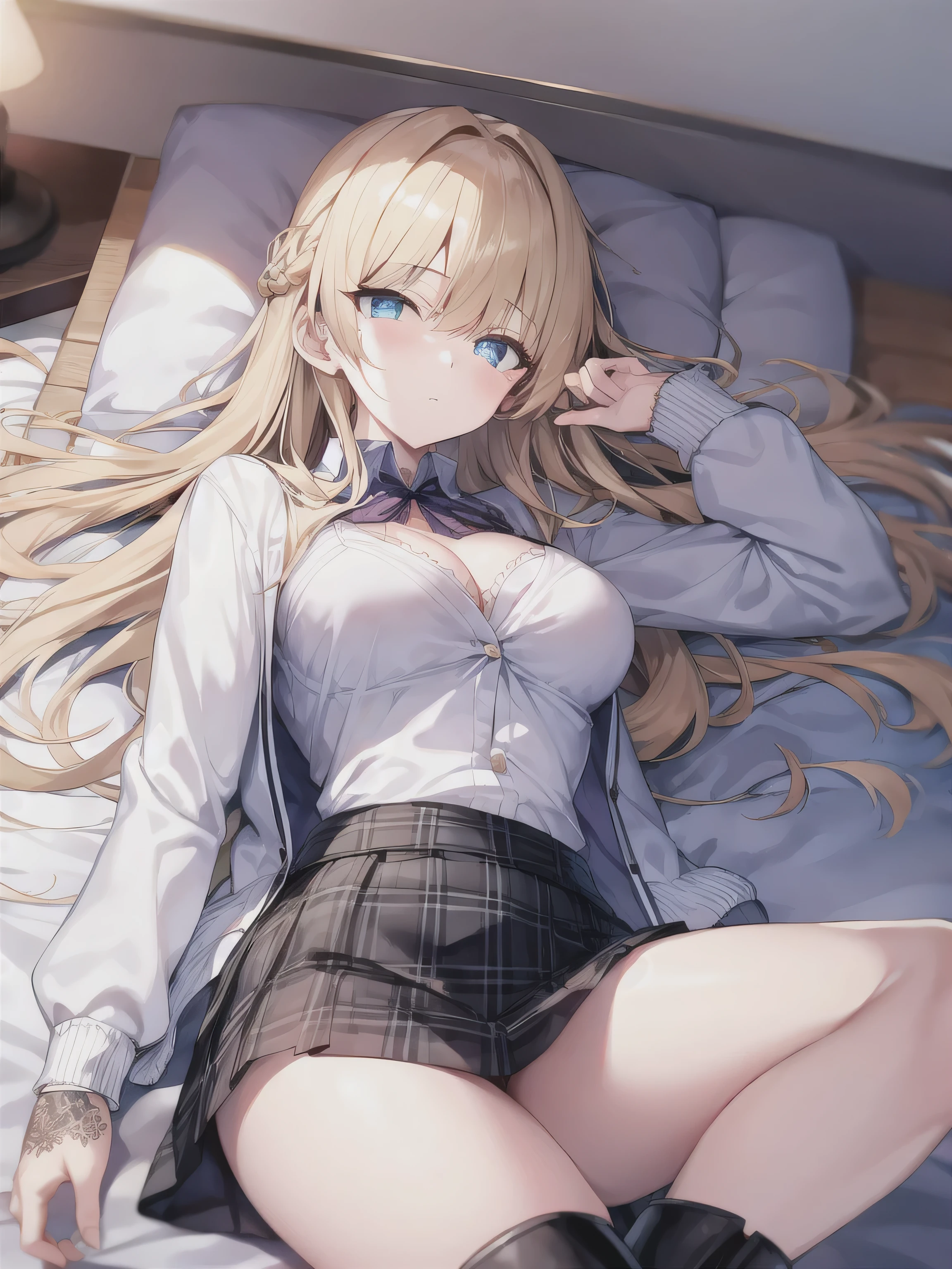 nsfw,High resolution、High resolution、high quality、masterpiece、1 female、Ellen Baker、School classmates、18-year-old、high school girl、Slim and long beautiful legs、skinny、blonde、blue eyes、Bedroom、Lying on the bed、((open legs:1.5)),Knee Up、Cute pose、(((arms behind head:1.5))),blackboard、smile、((Head to toe))、((Close-up of a woman))、(((school uniform))),((White Shirt)),((Blue Neck Ribbon)),((Pleated skirt))、((((Black knee-length socks))))、loafers,show panty,Yellow-green panties、Award-winning design panties、((I slept with my legs open...))、((trembling:1.4)),(((Normal position))),one eye cloth,hetero、intercourse with a man、clothed sex,,((Normal position))