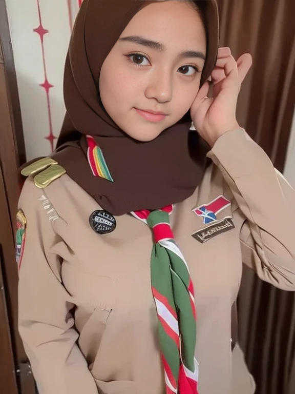 adorable asian girl, 1 girl, ars old)baby faupper body portrait, (face details: 1), (eye details: 1), ((xxx breasts)). wearing scout uniform, (long sleeve), short brown hijabl, (large breasts)... horny posed. proportional body. Ultra High Res. realistic: 1.4, UHD, cum on face