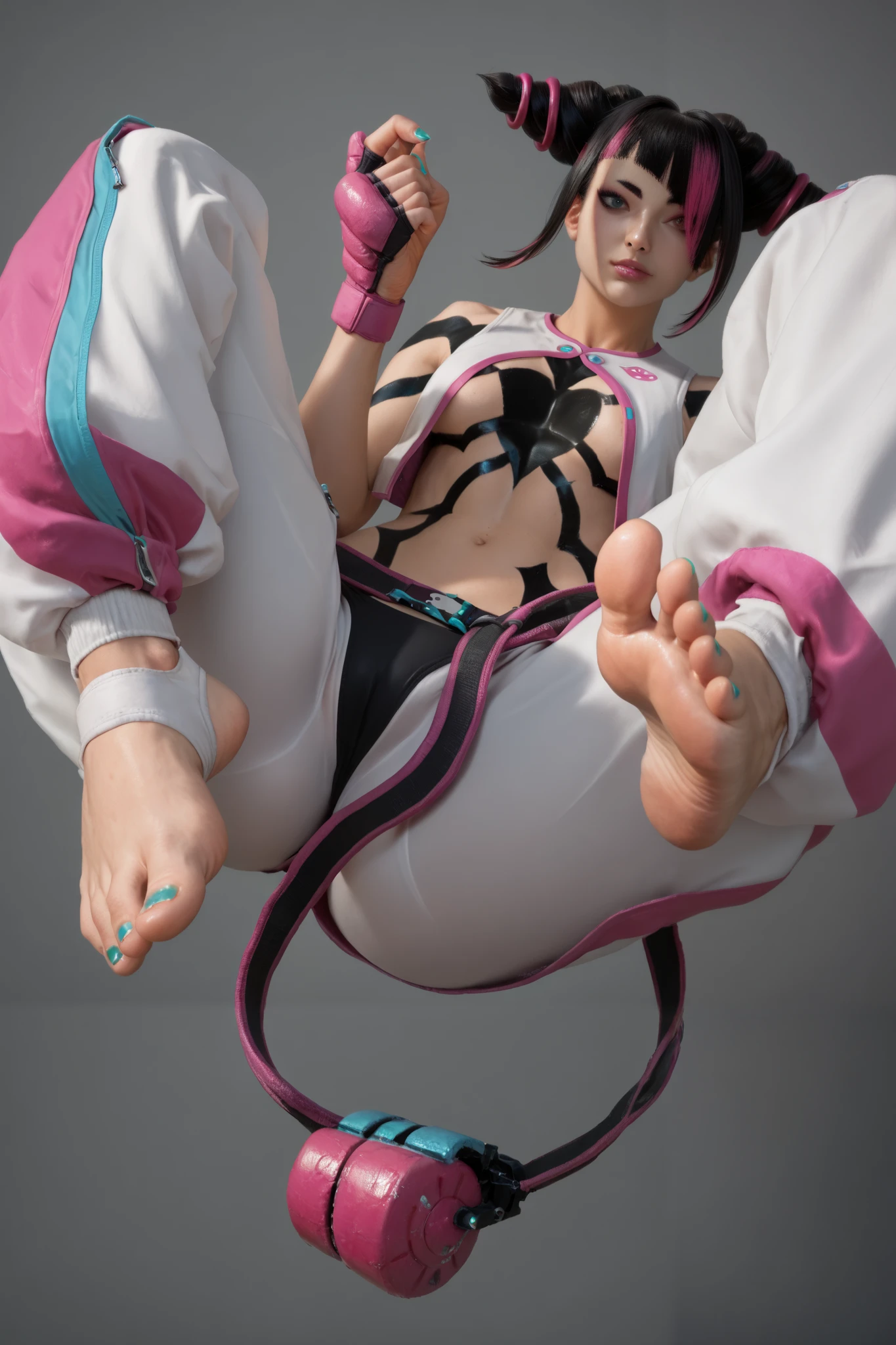 ((juri han)), ((masterpiece)), ((photorealism)), {(athletic figure), (toned body), (eccentuated curves), (turquoise painted nails), (black hair), (two toned hair), (hair horns), (pink and turquoise eyes), (pink right eye), (heterochromia)}, {(body paint), (white vest), (navel), (white tights), (black panties over pants), (pink fighting gear), (stirrup foot pads)}, {(leg and foot raised), (looking at viewer)}, ((gym))