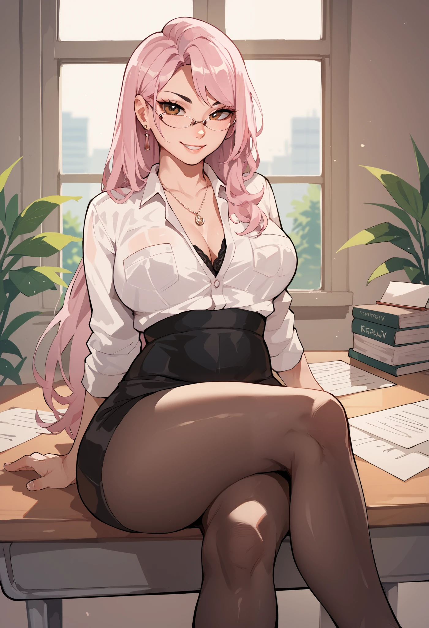 1girl, japanese, big breasts, long hair, light pink hair, brown eyes, secretary, sitting on desk, sexy smile, crossed legs