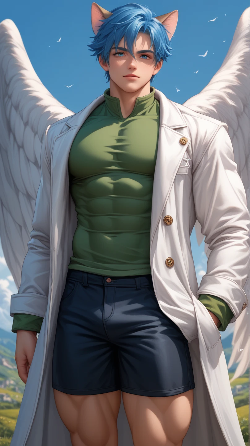 ((Boy with blue hair and cat ears )), I'm wearing a white coat,Leon,leon, boy,Chibi,Shorts, , ANATOMICALLY CORRECT , ((( 8K resolution ))),young boy, He has a thick dictionary in his hand , trained muscles like a bodybuilder, Very Big Muscles , big wings, Thick chest peeking out from her chest , green shirt ,gigantic penis