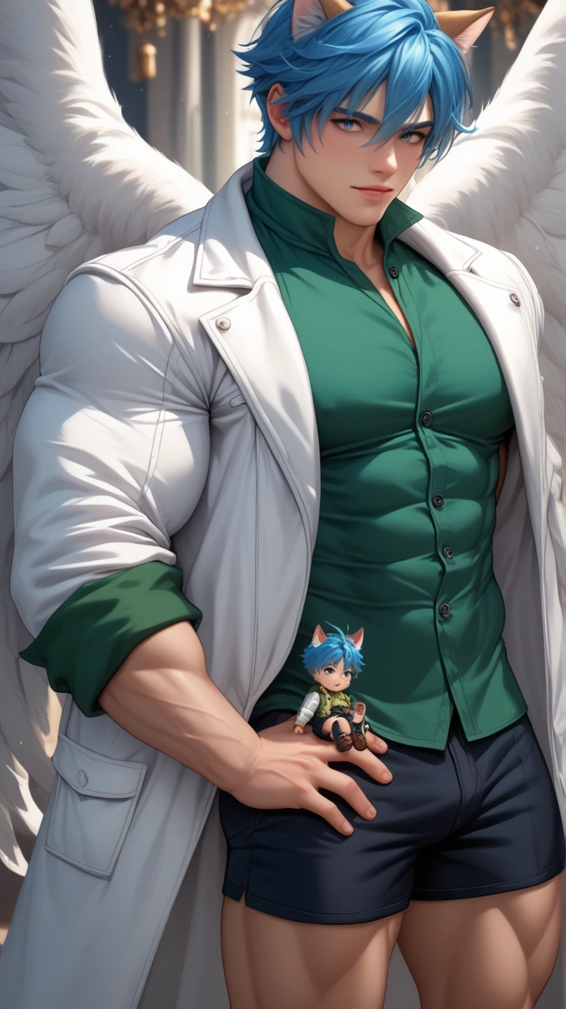 ((Boy with blue hair and cat ears )), I'm wearing a white coat,Leon,leon, boy,Chibi,Shorts, , ANATOMICALLY CORRECT , ((( 8K resolution ))),young boy, He has a thick dictionary in his hand , trained muscles like a bodybuilder, Very Big Muscles , big wings, Thick chest peeking out from her chest , green shirt ,gigantic penis