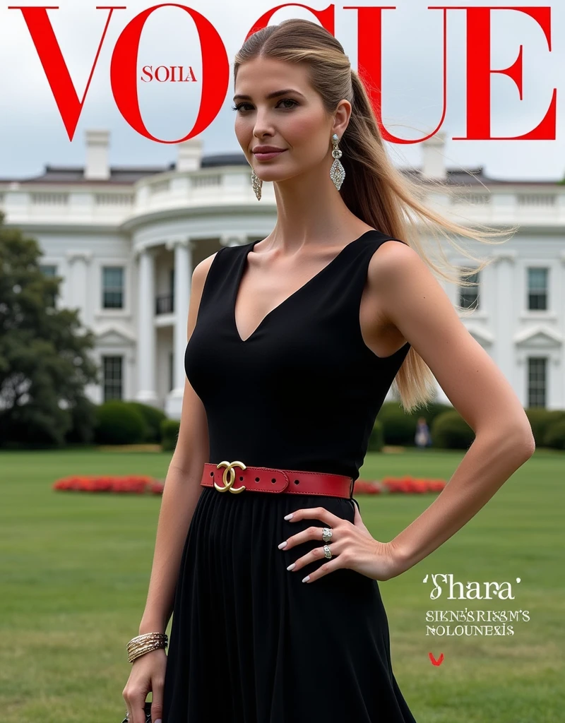 Magazine front cover " Vogue " written in middle Red decoration letters at the upon the screen   Front pose, standing pose,  right hand on hip, Front view, cowboy shot, Ivanka Trump,  pony tail, brown hair, smile,  Chanel design earing, Black 1 peace Chanel design classic dress and Chanel leather red belt with gold buckle., background the White house of America,   (super detail, high details, high quality, accurate, anatomically correct, textured skin, beautiful fingers super detail, high details, high quality, best quality)