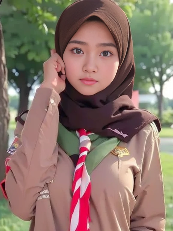 adorable asian girl, 1 girl, 16years old) , baby face, shy, upper body portrait, (face details: 1), (eye details: 1), ((xxx breasts)). wearing scout uniform, (long sleeve), short brown hijabl, (large breasts)... horny posed. proportional body. Ultra High Res. realistic: 1.4, UHD, cum on face, cum