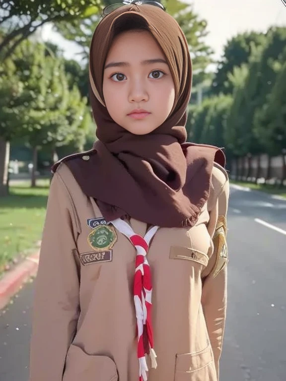 adorable asian girl, 1 girl, 16years old) , baby face, shy, upper body portrait, (face details: 1), (eye details: 1), ((xxx breasts)). wearing scout uniform, (long sleeve), short brown hijabl, (large breasts)... horny posed. proportional body. Ultra High Res. realistic: 1.4, UHD, cum on face, cum