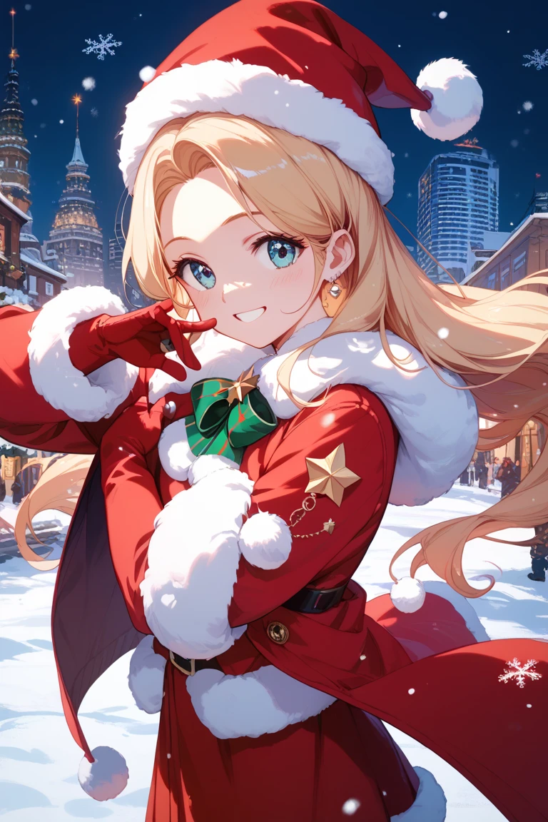  A girl wearing a red Santa Claus-style coat and hat 、Smiling with a big present in both hands 。 The background is a snowy cityscape and shimmering illuminations。