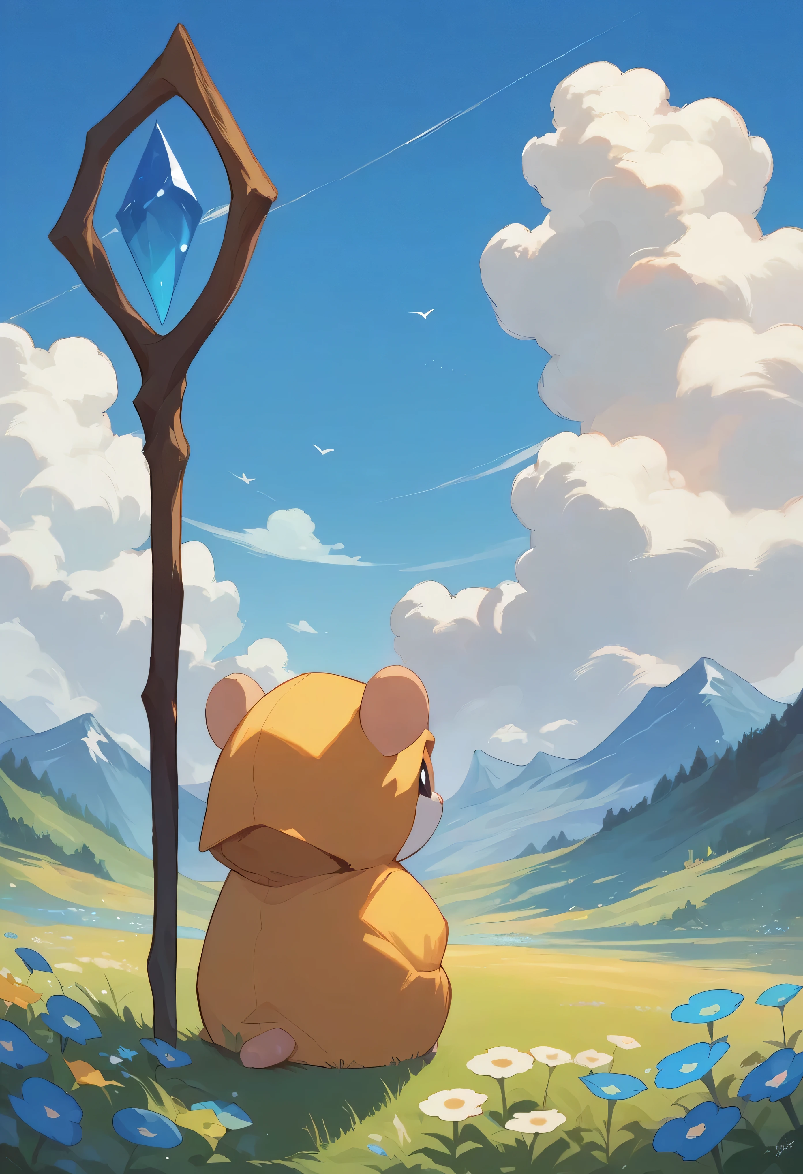 score_9, score_8_up, score_7_up, score_6_up, source_anime, BREAK anime, solo, portrait, Iona, hamster, hood, staff, black sclera, border, blue sky, clouds, field, mountain, flowers, looking away