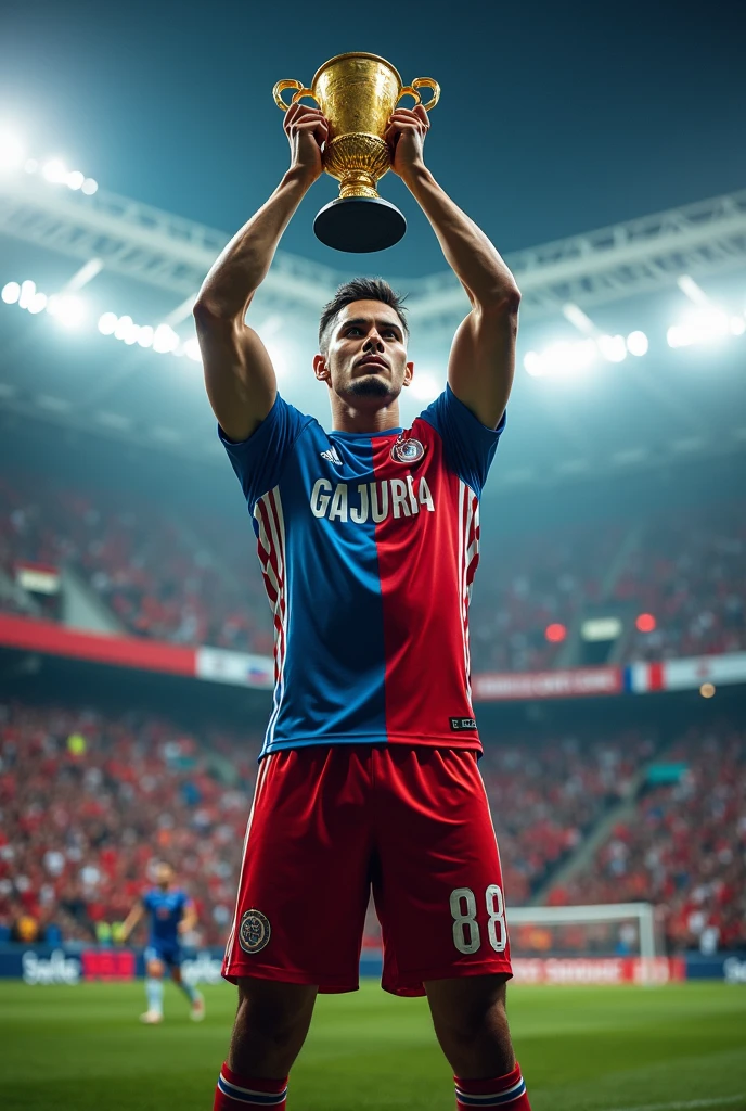 character kneeling on a soccer ball in a stadium,