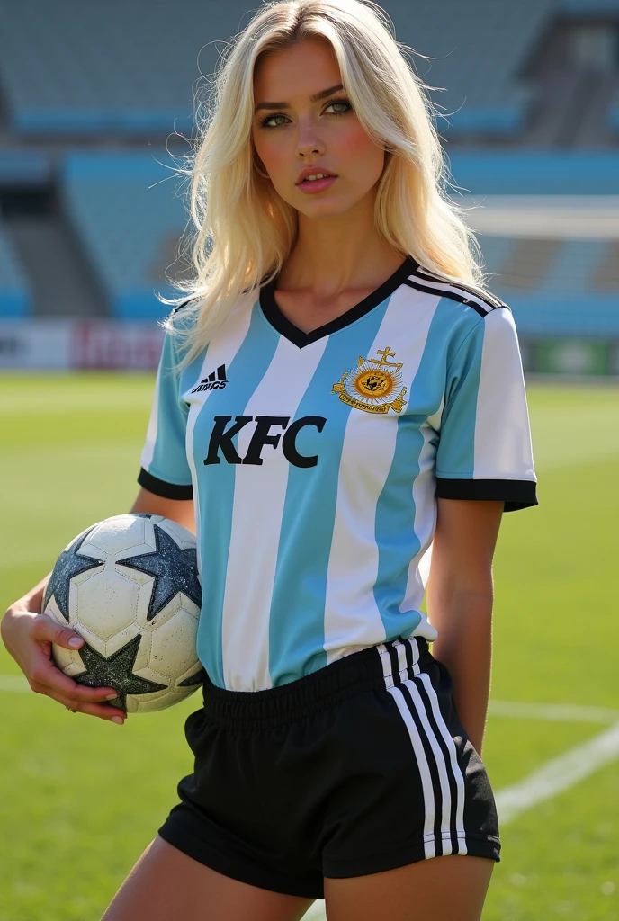 a beautiful woman, extremely lifelike, wearing Brazilian uniform, Brazil t-shirt, short shorts, short azul, Light brown bun hair, big-ass, legs thick, Fitness, Caucasian skin, Light brown bun hair, Caucasian skin tempo frio