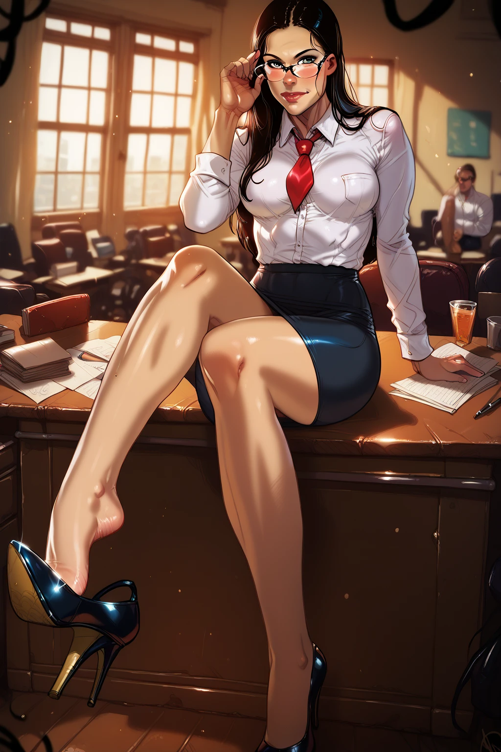 score_9, score_8_up, score_8_up, detailed illustration, realistic, 1girl, LraKinyX, long hair, Athletic body, fit body, toned legs, black pencil skirt, rectangular glasses, squared eyewear, white shirt, red short tie, high heels, stilletos, no underwear, detailed feet,sitting on desk, on a crowded office, looking at viewer, adjusting eyewear, shoe dangling, ganassa style