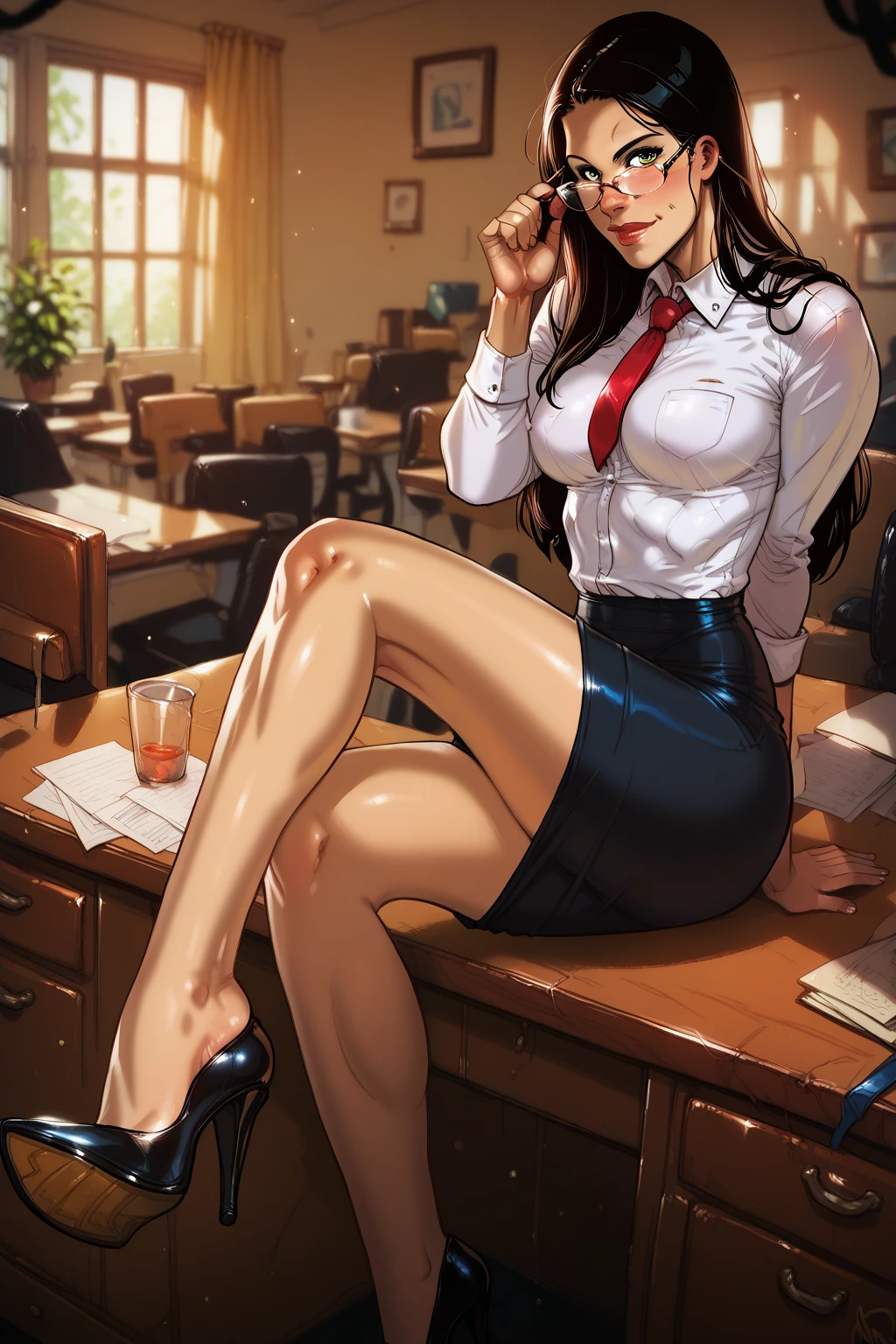 score_9, score_8_up, score_8_up, detailed illustration, realistic, 1girl, LraKinyX, long hair, Athletic body, fit body, toned legs, black pencil skirt, rectangular glasses, squared eyewear, white shirt, red short tie, high heels, stilletos, no underwear, detailed feet,sitting on desk, on a crowded office, looking at viewer, adjusting eyewear, shoe dangling, ganassa style