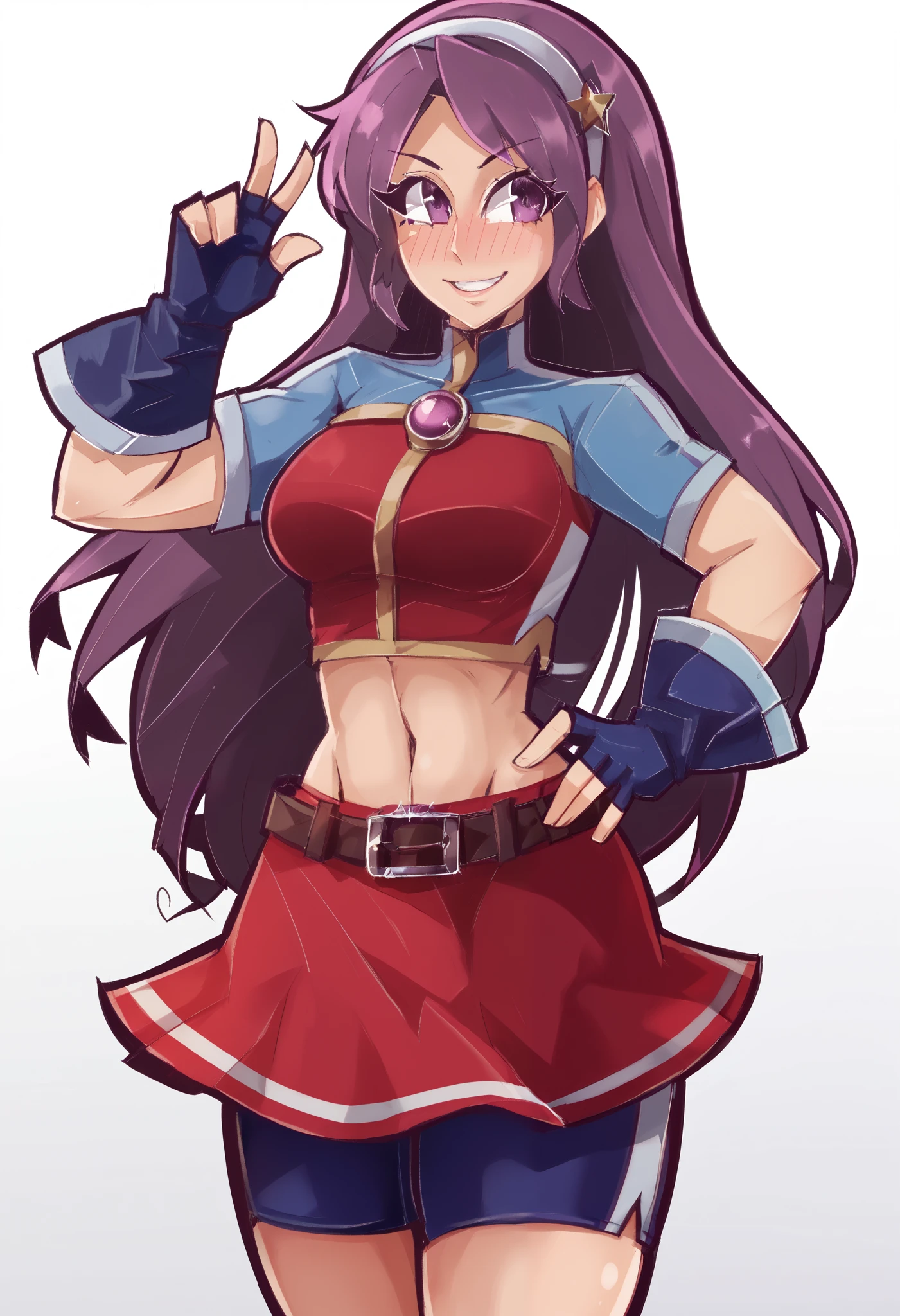 Masterpiece, best quality,ATHKOF2002, purple hair, long hair, purple eyes, white hairband, blue sleeves, pearl (gemstone), short sleeves, red top, belt, fingerless gloves, navel, red skirt, biker shorts,  blush, solo, seductive pose,cowboy shot, midriff,beautiful detailed face,one hand on hip,dbp,hentai, crotch,front view, standing, blushing,down skirt, happy