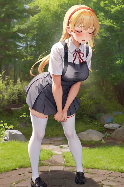 obra maestra, mejor calidad, highres, (full body shot), (front view), sumire1, (((1girl))), hairband, long hair, (((solo))), erotic, ((see through clothes)), thick tights, white thighhighs, school uniform, red ribbon, neck ribbon, grey dress, blunt fleks, pinafore dress, white shirt, collared shirt, medium breasts, (barely standing up), exhausted, (((bending forward))), (hands touching knees), mouth open, sweating, wet, heavy breathing, aroused, blushing, worried expression, eyes closed