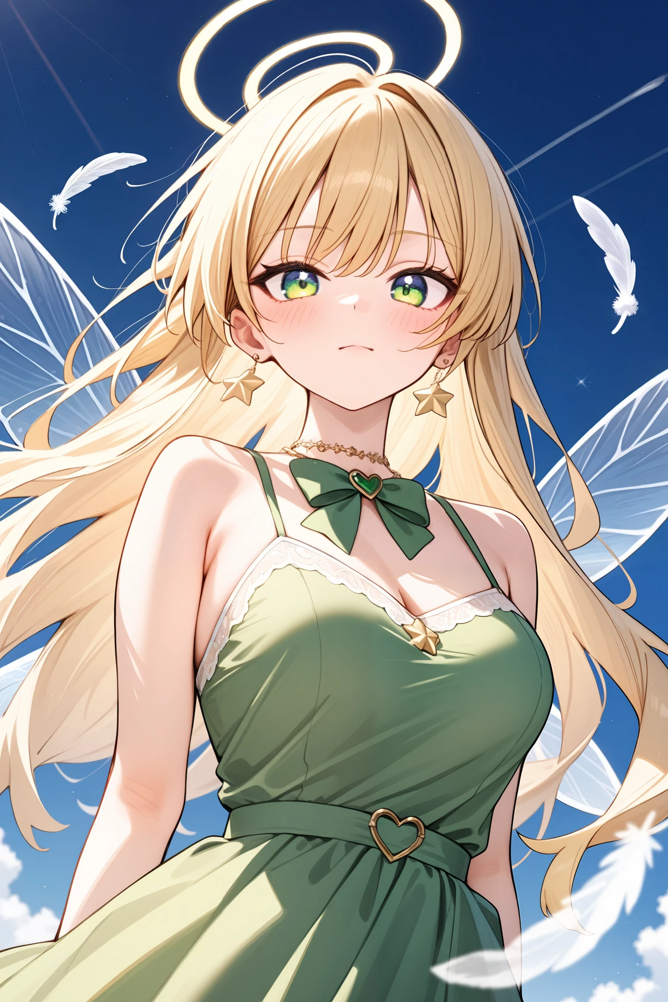  s、 girl、Fairy、heart、Star、 transparent feathers growing on my back、 flying in the sky 、Blonde、 flying in the sky、I have a bow in my left hand 、 serious face、 s、Western-style green dress 、 highest image quality taken by Ki