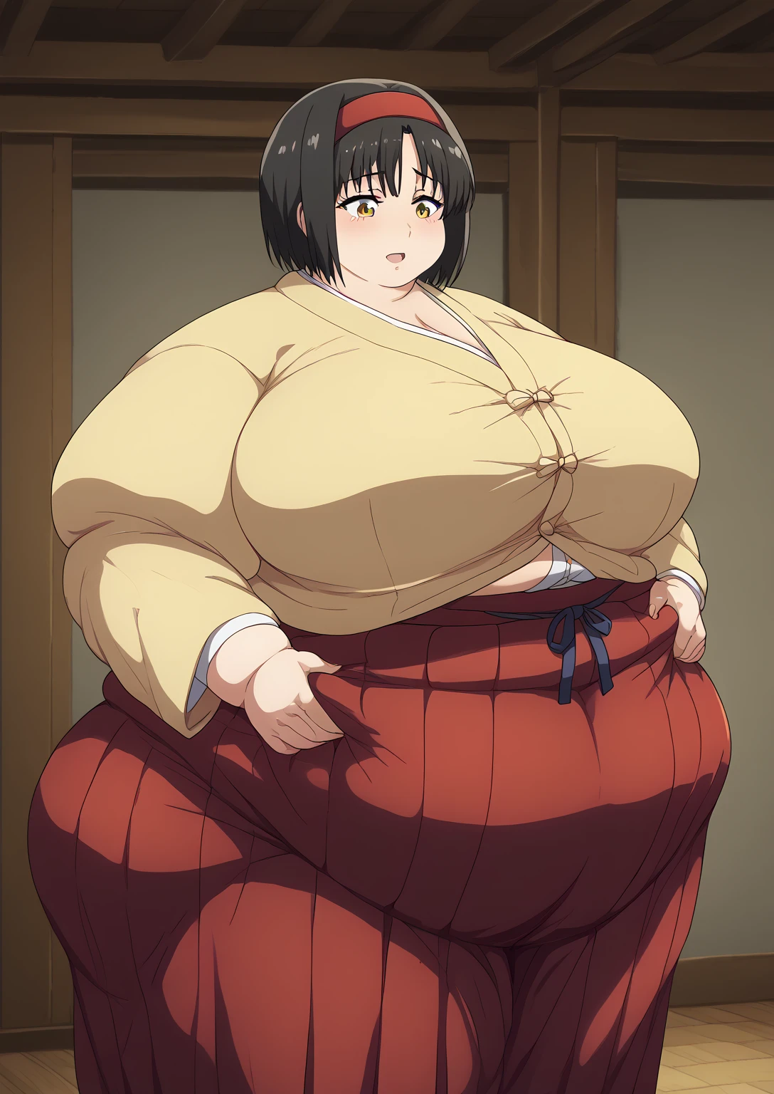 Erika, Erica,    yellow eyes  ,  Black Hair,  red headband,   Shorthair,  yellow kimono, Boobs are not exposed,   Long Sleeve  ,  red hakama, score_9,   score_8_ up,   score_7_ up,   score_6_ up,   score_5_ up,   score_4_ up,     masterpiece   ,   top quality,     very aesthetic  ,    absurd,    Source_Anime, Anime screencap,    one woman , Alone,   personal   ,  Super huge breasts, (((S uper huge クレビス, Super huge , Super huge boob))), Curvy,   in her 20s,  Mature Woman,   obese , ,  troubled expression, ssbbw,  embarrassing expression , Japanese-style room, Hunger, sighing 