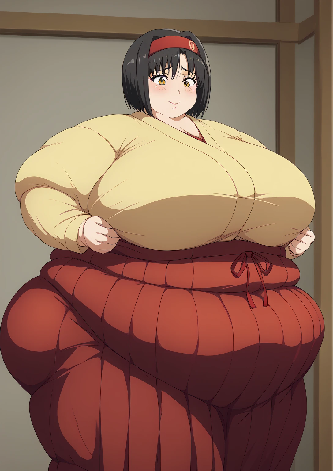 Erika, Erica,    yellow eyes  ,  Black Hair,  red headband,   Shorthair,  yellow kimono, Boobs are not exposed,   Long Sleeve  ,  red hakama, score_9,   score_8_ up,   score_7_ up,   score_6_ up,   score_5_ up,   score_4_ up,     masterpiece   ,   top quality,     very aesthetic  ,    absurd,    Source_Anime, Anime screencap,    one woman , Alone,   personal   ,  Super huge breasts, (((S uper huge クレビス, Super huge , Super huge boob))), Curvy,   in her 20s,  Mature Woman,   obese , ,  troubled expression, ssbbw,  embarrassing expression , Japanese-style room, Hunger, sighing 