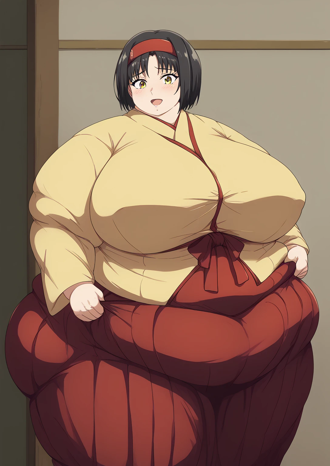 Erika, Erica,    yellow eyes  ,  Black Hair,  red headband,   Shorthair,  yellow kimono, Boobs are not exposed,   Long Sleeve  ,  red hakama, score_9,   score_8_ up,   score_7_ up,   score_6_ up,   score_5_ up,   score_4_ up,     masterpiece   ,   top quality,     very aesthetic  ,    absurd,    Source_Anime, Anime screencap,    one woman , Alone,   personal   ,  Super huge breasts, (((S uper huge クレビス, Super huge , Super huge boob))), Curvy,   in her 20s,  Mature Woman,   obese , ,  troubled expression, ssbbw,  embarrassing expression , Japanese-style room, Hunger, sighing 