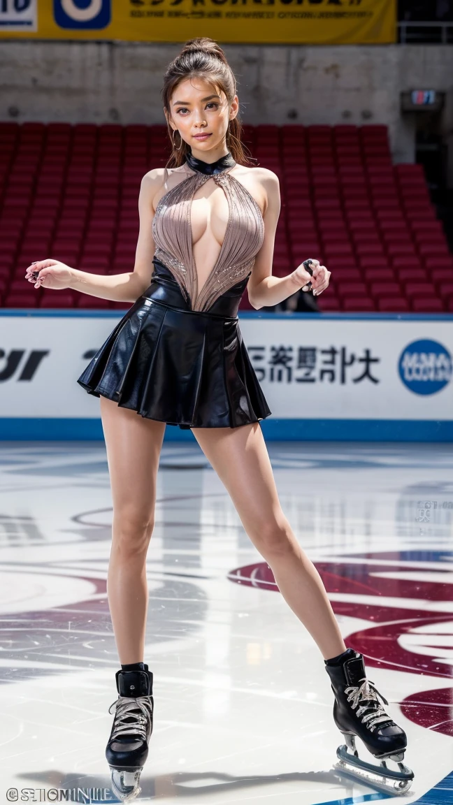 1womanl、(Super beautiful)、(beauitful face:1.5)、(A detailed face:1.5)、(A detailed eye:1.1)、(Detailed lips:1.1)、(Detailed nose:1.1)、(Beautiful Russians)、(a blond)、(blue eyess)、(Doing figure skating)、(anatomically correct movements:1.1)、(Purple costume:1.3)、(White panties under the skirt:1.3)、(Bare legs:1.1)、(Dressing)、(skating rink with spectators)、(At SFW:1.4)