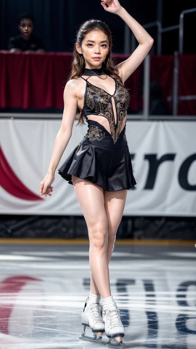 (8k, best quality:1.3), (extremely detailed:1.2), perfect anatomy, beautiful Japanese woman, 18 years old, healthy thighs, beautiful legs, beautiful skin, random hair color, random hairstyle, large breasts, (she is standing:1.2), female figure skater, figure skating outfit, (miniskirt:1.3), full body shot, skate shoes, skating rink, Kana Kurashina