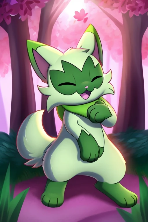 Floragato, furry pokemon, cat, feet, stopped position, only, (Body fur:1.2), (Best quality), (Detailed fluffy fur:1.1), closed eyes, Animal hands, tail, eyes closed, smiling, background of forests, shiny, laughing, male, solo, hugging master, leg, loving, heart particles