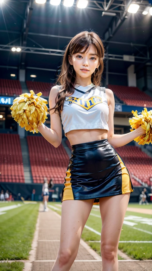 A beautiful young Japanese woman, 20 years old, with perfect anatomy, healthy thighs, beautiful feet, flawless skin, random hair color and style, large bust, (she is standing:1.2), wearing a cheerleader uniform with micro-pleated miniskirt, in a full body shot, standing in a stadium, (best quality,4k,8k, highres, masterpiece:1.3), (extremely detailed:1.2), Kana Kurashina