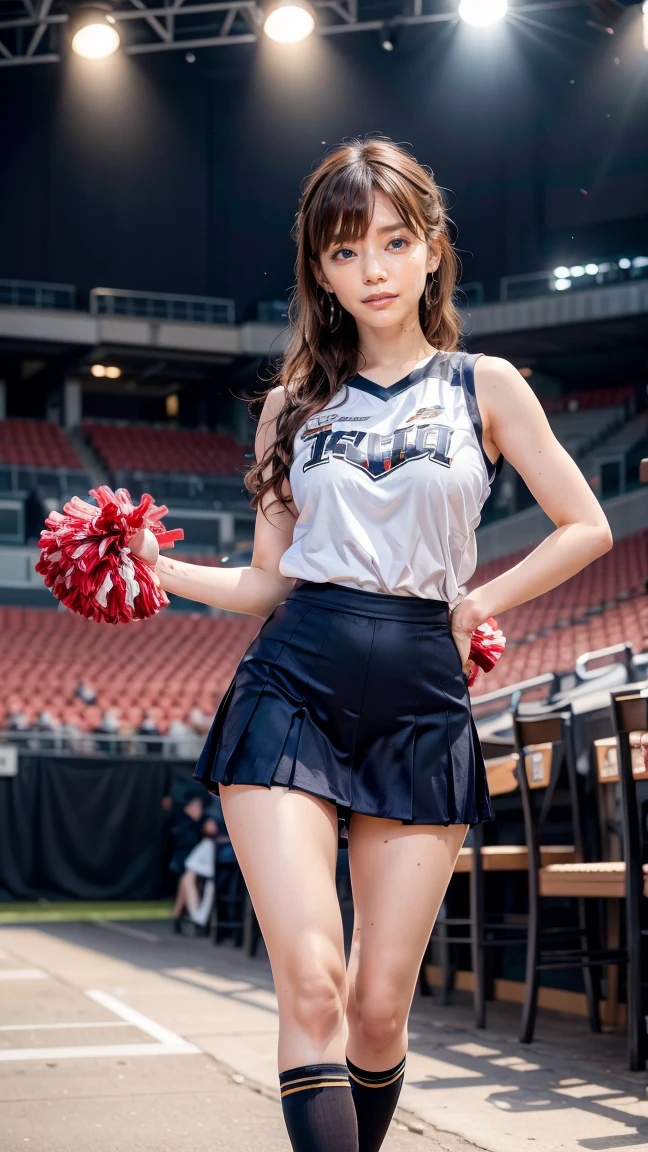 A beautiful young Japanese woman, 20 years old, with perfect anatomy, healthy thighs, beautiful feet, flawless skin, random hair color and style, large bust, (she is standing:1.2), wearing a cheerleader uniform with micro-pleated miniskirt, in a full body shot, standing in a stadium, (best quality,4k,8k, highres, masterpiece:1.3), (extremely detailed:1.2), Kana Kurashina