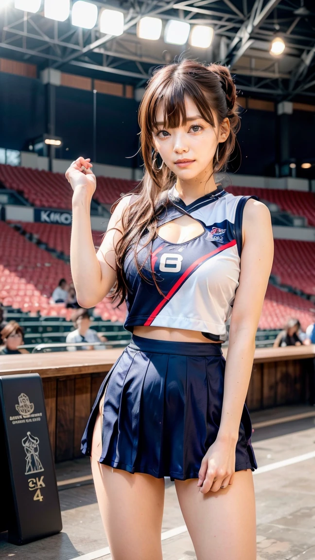 A beautiful young Japanese woman, 20 years old, with perfect anatomy, healthy thighs, beautiful feet, flawless skin, random hair color and style, large bust, (she is standing:1.2), wearing a cheerleader uniform with micro-pleated miniskirt, in a full body shot, standing in a stadium, (best quality,4k,8k, highres, masterpiece:1.3), (extremely detailed:1.2), Kana Kurashina