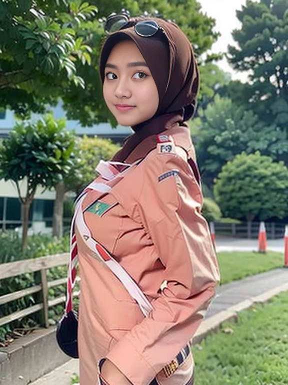 adorable asian girl, 1 girl, 16years old) , baby face, shy, upper body portrait, (face details: 1), (eye details: 1), ((xxx breasts)). wearing scout uniform, open shirt ((showing breast)), (long sleeve), short brown hijabl, (large breasts)... horny posed. proportional body. Ultra High Res. realistic: 1.4, UHD, cum on face, cum