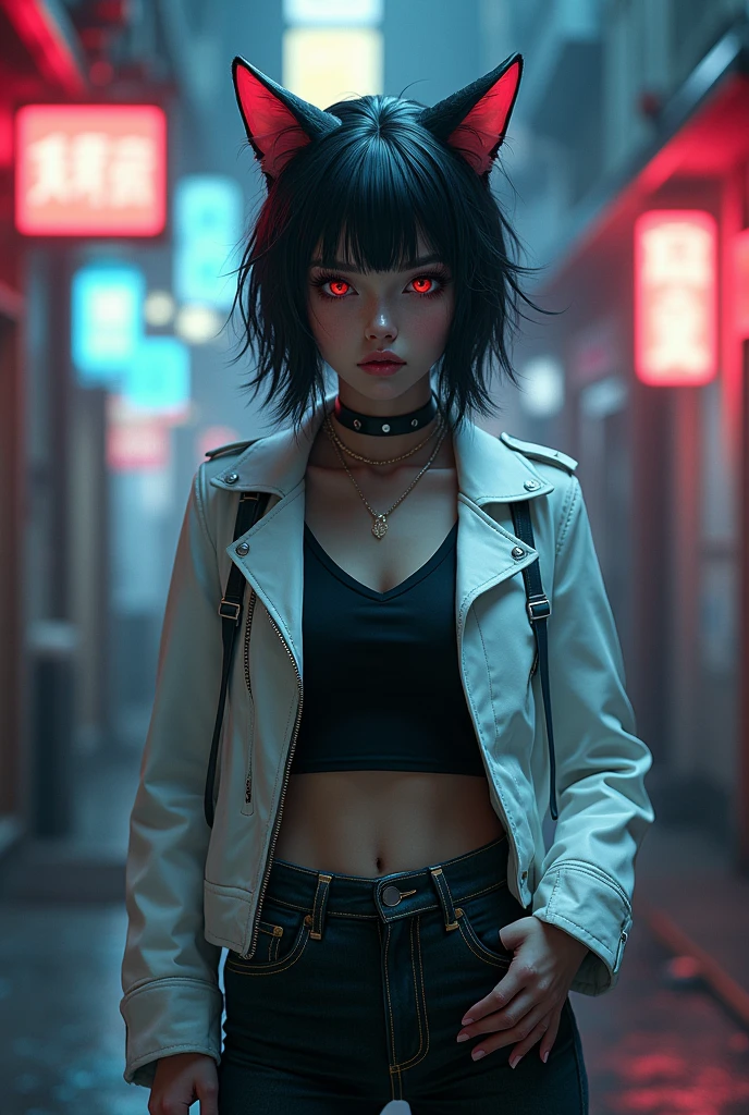 goth woman, mature woman, punk and goth, short black hair, glowing [red eyes], black clothes, black skirt, black gloves, black fur boots, dark, gloomy alley, rundown place and dirty, smoking cigarettes, anime, dark, night, cyberpunk, night city, dark scenery, no light. --auto --s2